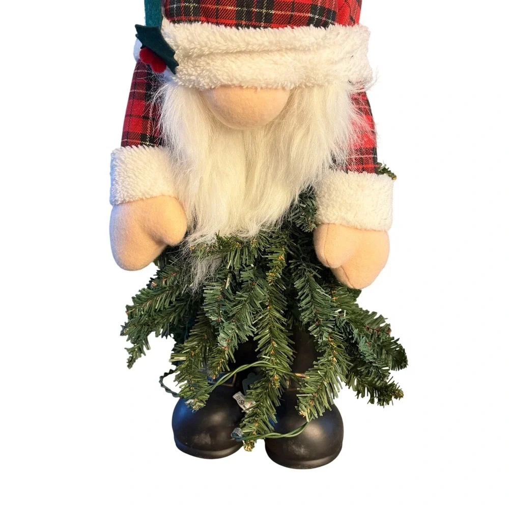 Christmas Gnome Figurine Red Black Plaid Hat with Evergreen Branch Holiday Decor